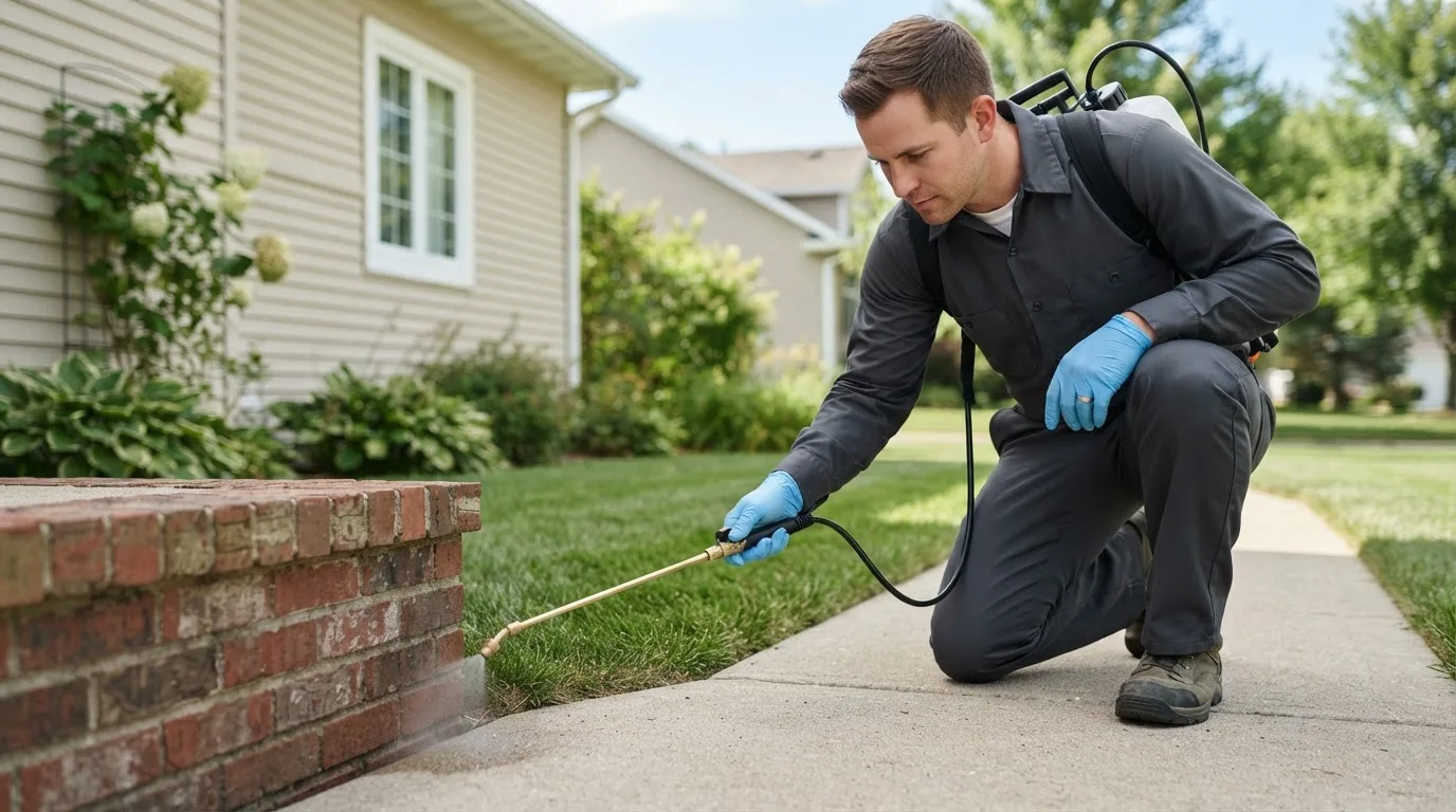 Pest control technician treating a home near Colchester, CT